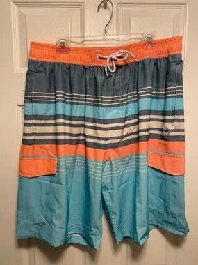 Wild breath Men's Turquoise & Orange Stripe Swim Trunks…size 3XL